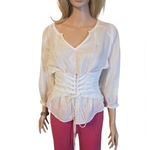 Anthropologie Akemi + Kin White 100% Linen Corset Blouse Boho Chic EUC